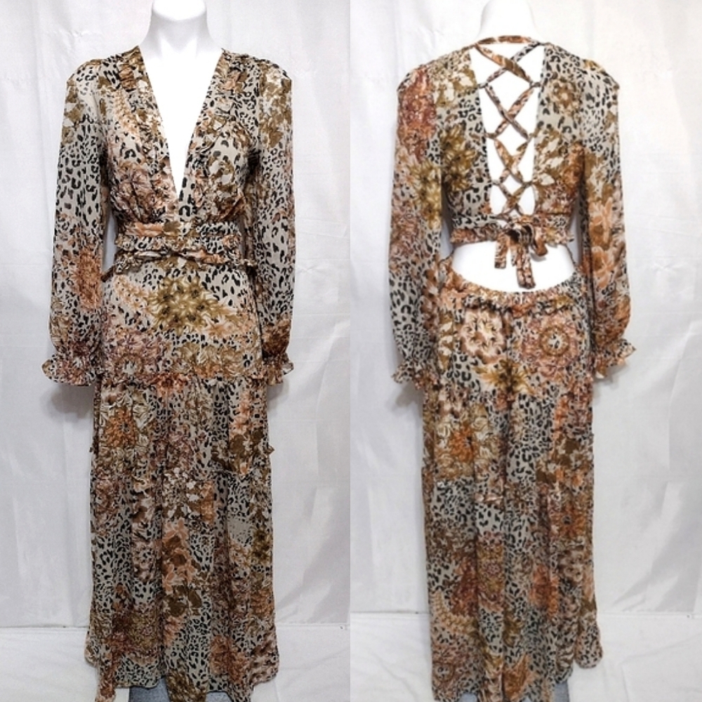 Aakaa Chiffon Leopard Print Tiered Ruffle Maxi Dress Crisscross Open Back Medium